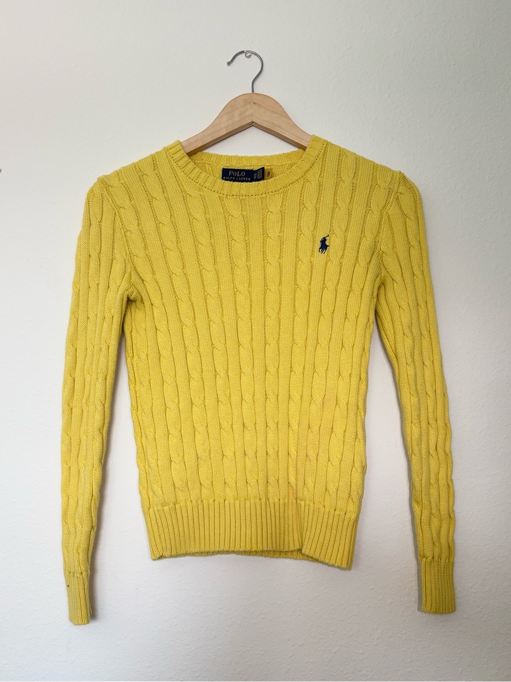 Ralph Lauren Yellow Cable-Knit Crewneck Sweater with Navy Pony